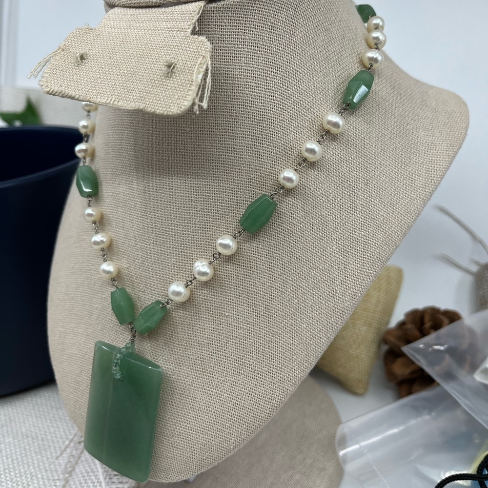 Vintage Green Jade Nephrite & Pearl Sterling Silver Necklace 925 Estate 16" - Picture 7 of 17